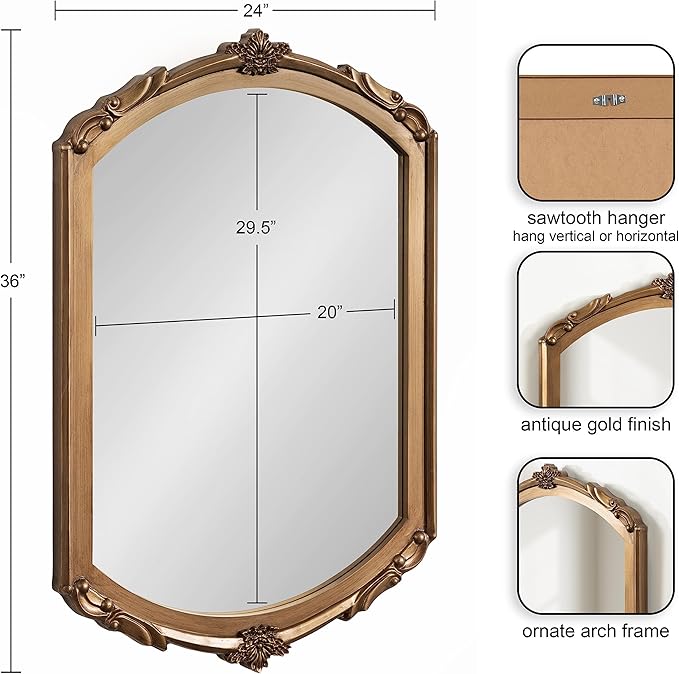 Kate and Laurel Berkshire Vintage Arched Wall Mirror, 24 x 36, Antique Ornate - Image 2