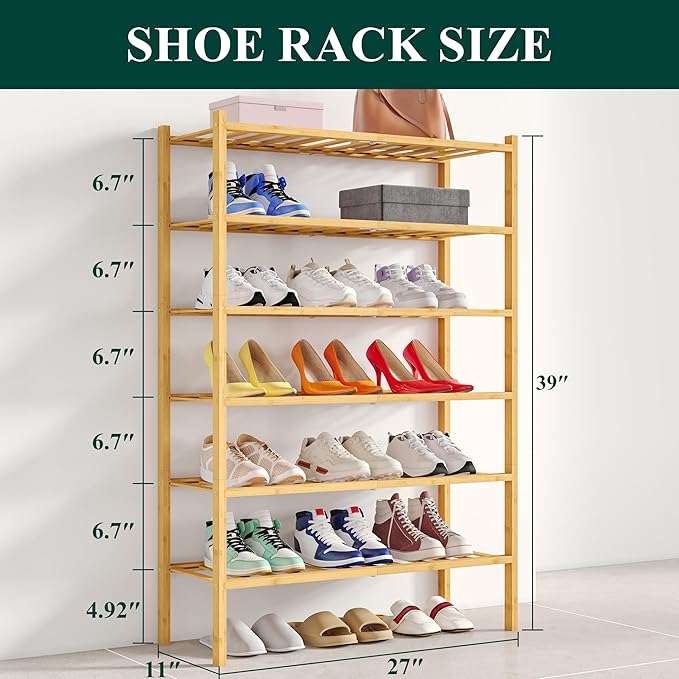 Smiry Shoe Rack, 6 Tier Bamboo Shoe Organizer, Stackable Free Standing Wooden - Image 2