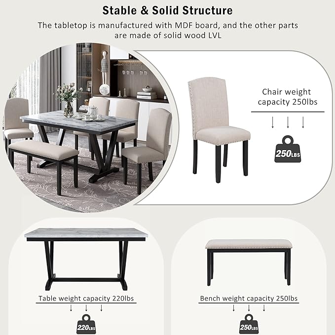 6 Pieces Dining Table Set with 60" Rectangle Marbled Veneers Tabletop Kitchen - Image 5