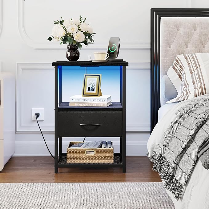 Fixwal Night Stand with Charging Station, LED Nightstand Side Table with Fabric - Image 8