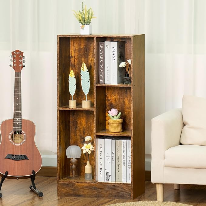 LEYAOYAO 5 Cube Mid-Century Modern Brown Wood Bookcase, 3 Tier Storage - Image 6