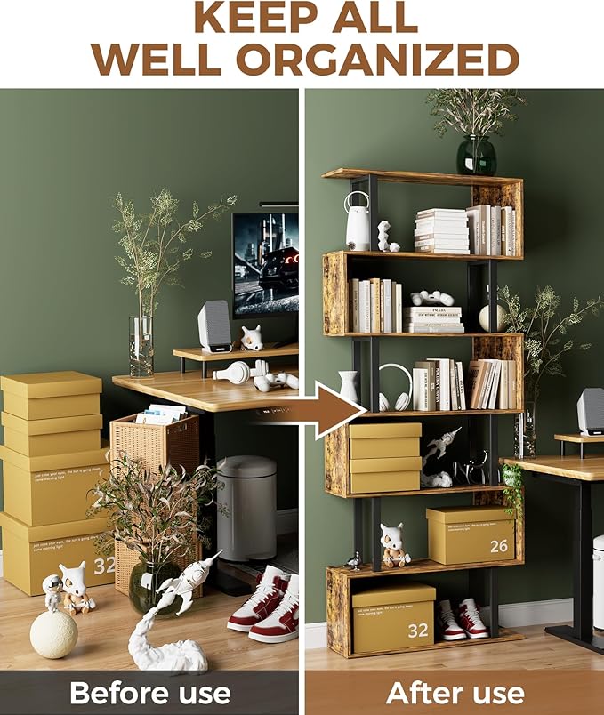 Gadroad 6 Tier Geometric Bookcase, S Shaped Bookshelf, Wood Decorative Storage - Image 7