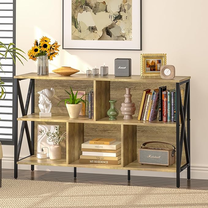 Horizontal Bookshelf, Industrial Modern 5 Cube Low Wide Cubby Bookcase - Image 2