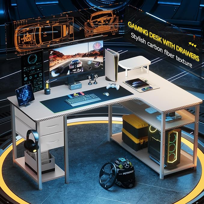 GTRACING Gaming Desk with Drawers, Carbon Fiber Style L Shaped Computer Desk - Image 3