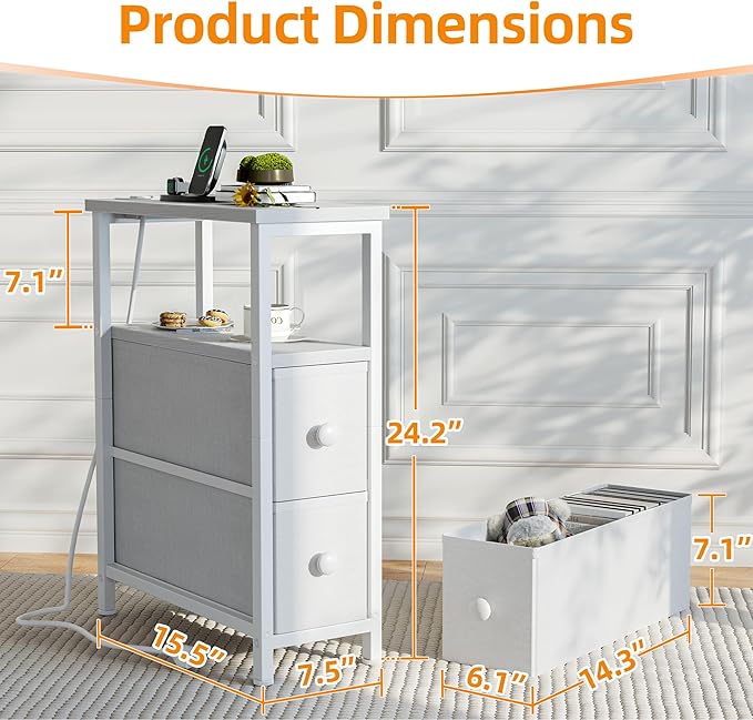 TIQLAB End Table with Charging Station, Narrow Side Table with 2 Fabric Drawers - Image 3