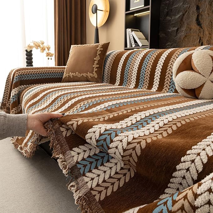 STACYPIK Khaki Jacquard Leaves Sofa Cover, Vintage Couch Cover - Image 8