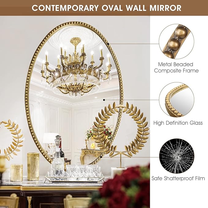 Oval Wall Mirror for Bathroom, Large Hanging Vanity Mirror for Bedroom - Image 2