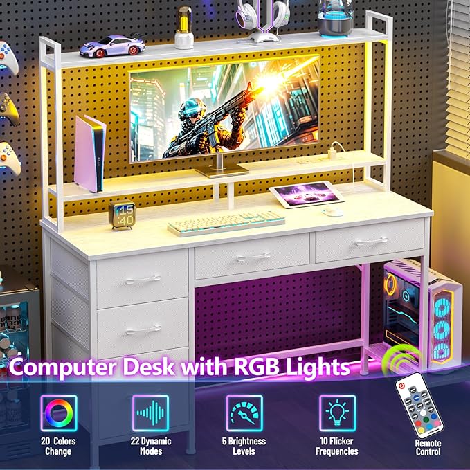 Computer Gaming Desk with Hutch, Home Office Desk with Power Outlets, LED Light - Image 6