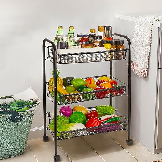 3 Tier Rolling Cart, Mesh Wire Utility Carts, Metal Storage Shelf - Image 8