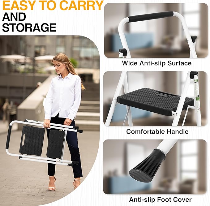 2 Step Ladder, Portable Steel Folding Step Stool - Image 6