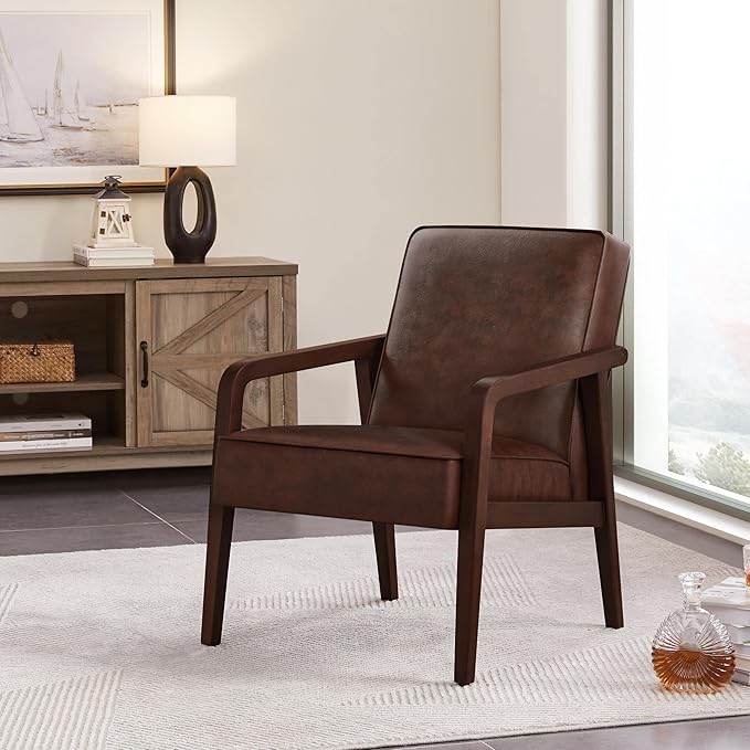Yaheetech PU Leather Accent Chair, Mid-Century Modern Barrel Chair - Image 3