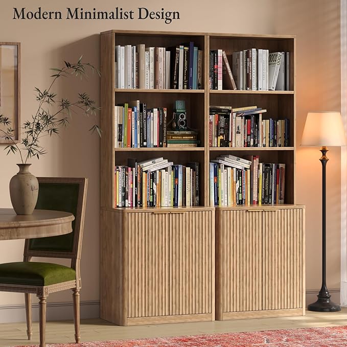 71" Oak Bookcase with Doors, 5-Tier Fluted Tall Bookshelf with Storage - Image 4
