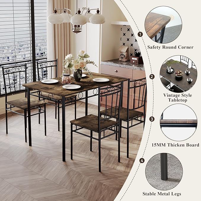 5 Piece Dining Table Set, Modern Metal&Wood Kitchen Dinner Table - Image 5