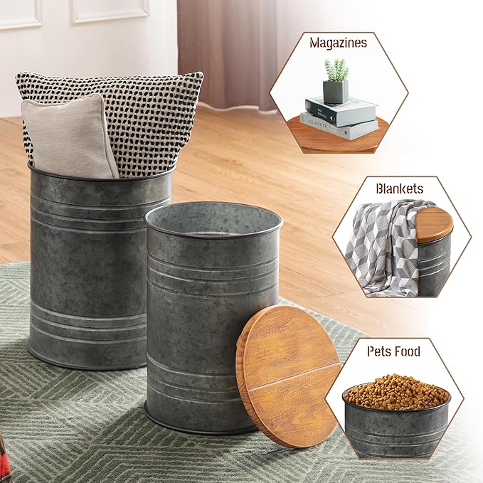 Glitzhome Farmhouse Accent Side Table, Metal Storage Stool Ottoman - Image 4