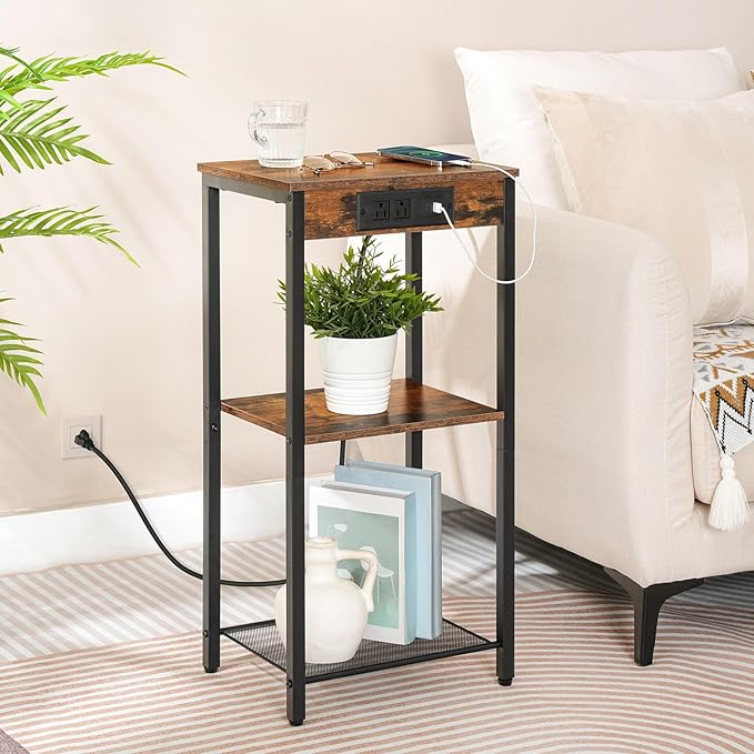 HOOBRO Tall End Table with Charging Station, 30 Inch Tall Nightstand, 3-Tier - Image 9