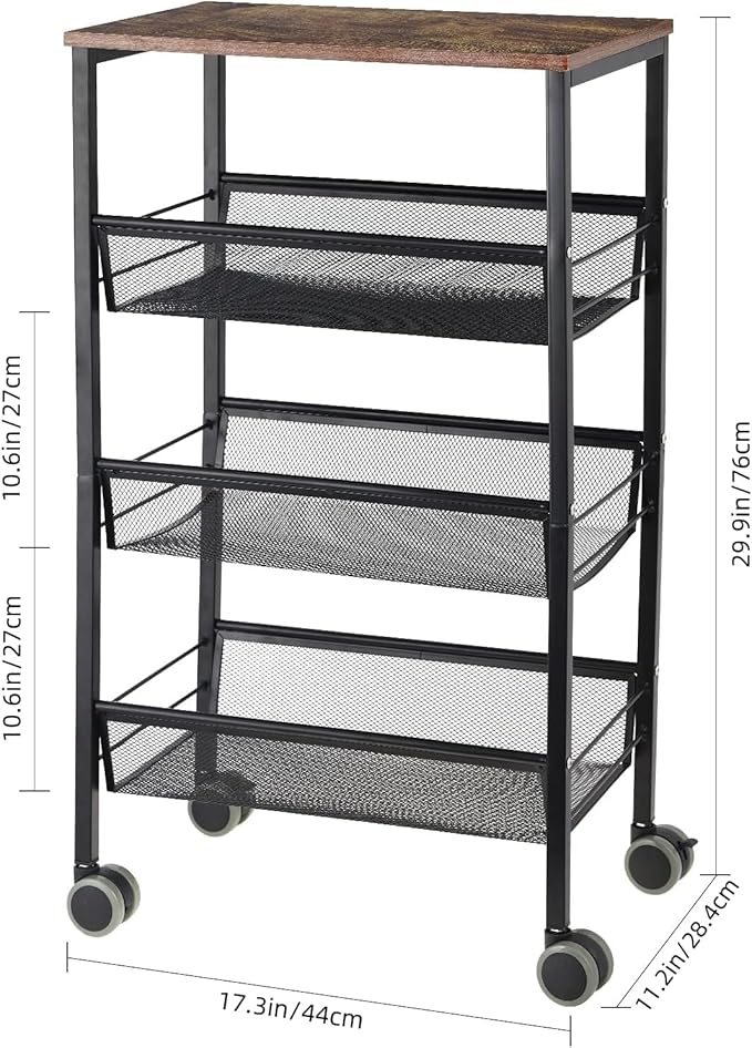 LIANTRAL Rustic Kitchen Storage Cart, 4 Tier Kitchen Cart on Wheels, Metal Mesh - Image 3