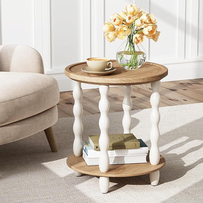 Round End Table, 2-Tier Farmhouse End Table, 18.5'' Handcrafted Weathered Look - Image 6