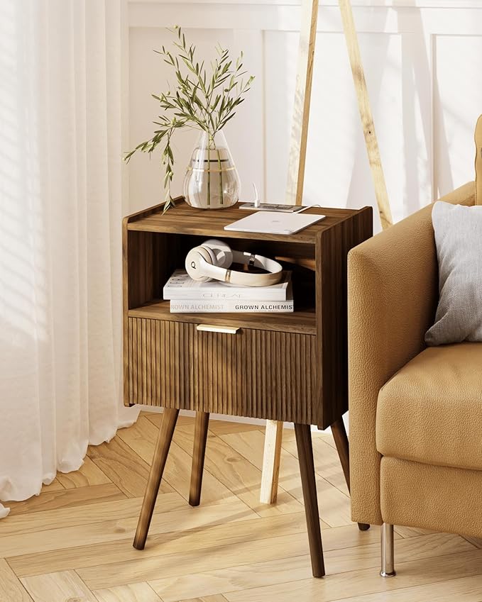 Nightstand with Outlet, Modern Bedside Table with Storage Drawer and Open Wood - Image 7