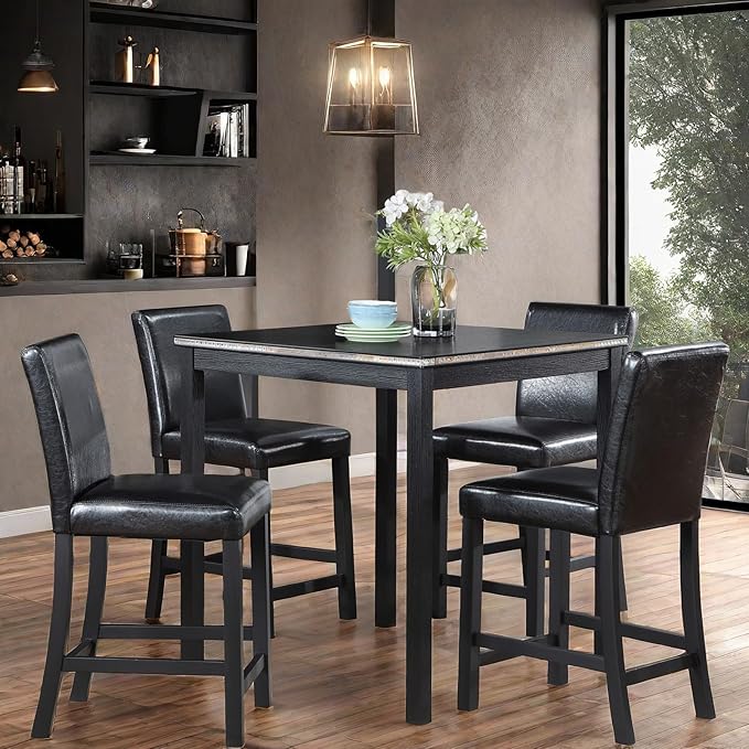 5PCS Wooden Counter Height Table Set, Square Table and 4 Upholstered Chairs by ChicFurnit