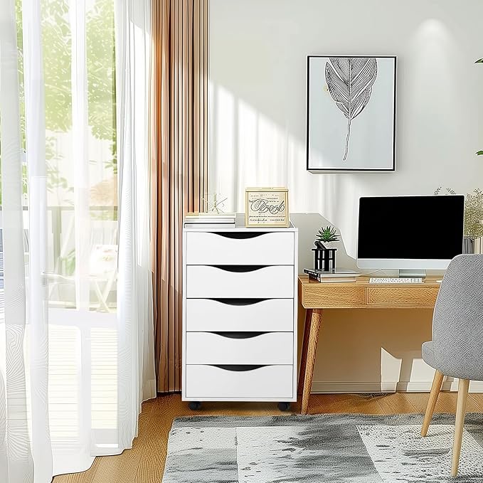 QDSSDECO 5 Drawer Chest Wood File Cabinet Rolling Storage Dresser - Image 5