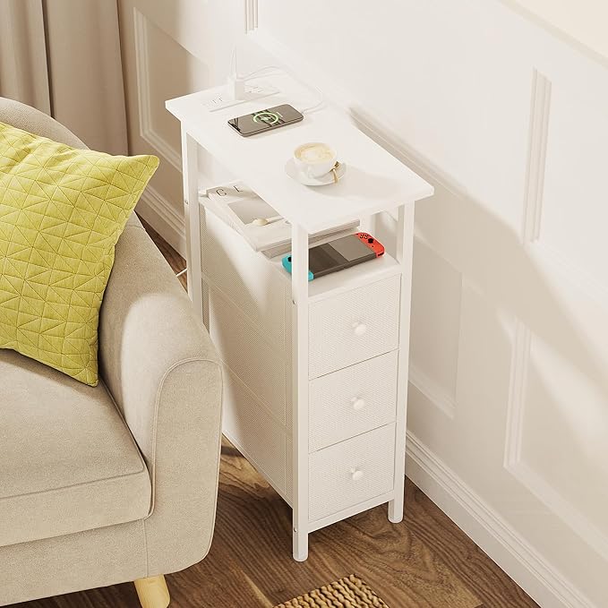 End Table with Charging Station, Narrow Side Table with 3 Fabric Drawers - Image 7
