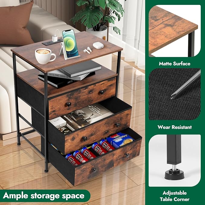 3 Drawers Dresser with Charging Station, 24 Inch Wide LED Night Stand with - Image 4