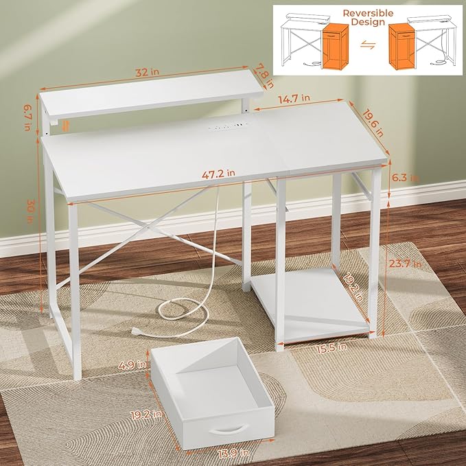 Computer Desk with Adjustable Monitor Stand, 47.2 in Small Desk with Reversible - Image 2
