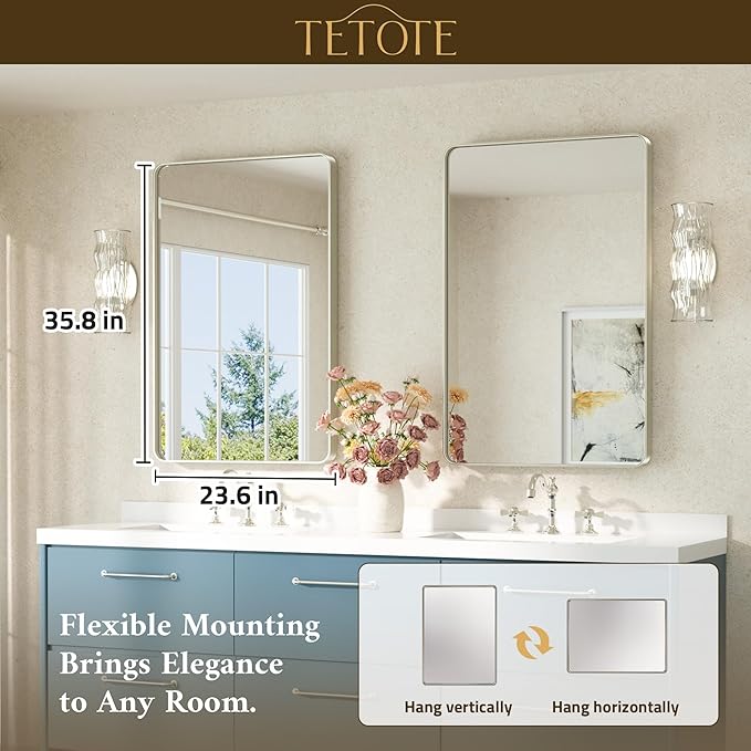 TETOTE Brushed Nickel Mirror for Bathroom 24 x 36 Metal Framed Vanity Mirror - Image 2