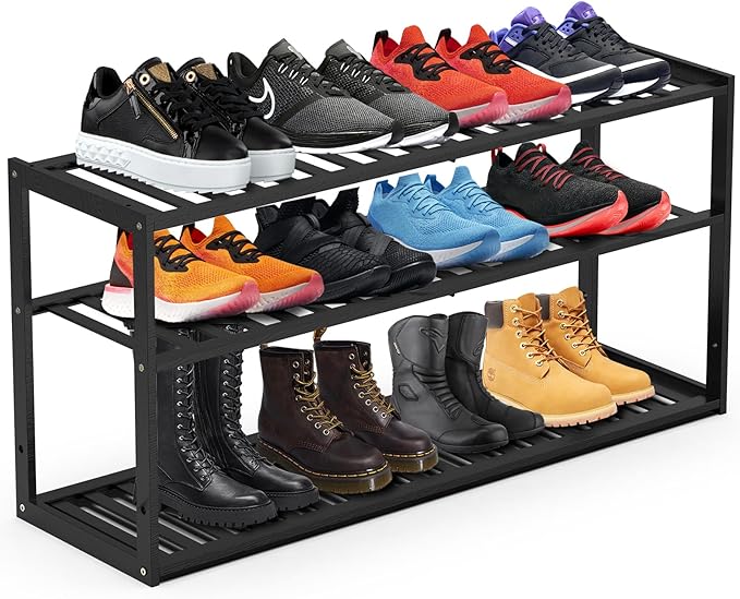 Bamboo Shoe Rack for Closet, Stackable 3 Tier Longer Shoe Organizer Shelf by Jripae
