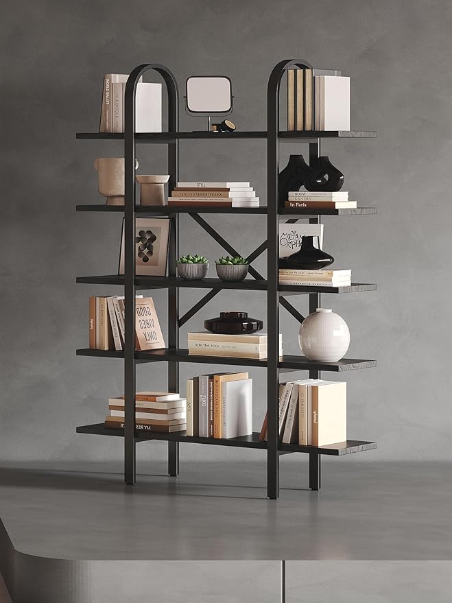 Wide Bookshelf Arched Bookcase, Industrial 5 Tier Open Book Shelves - Image 9