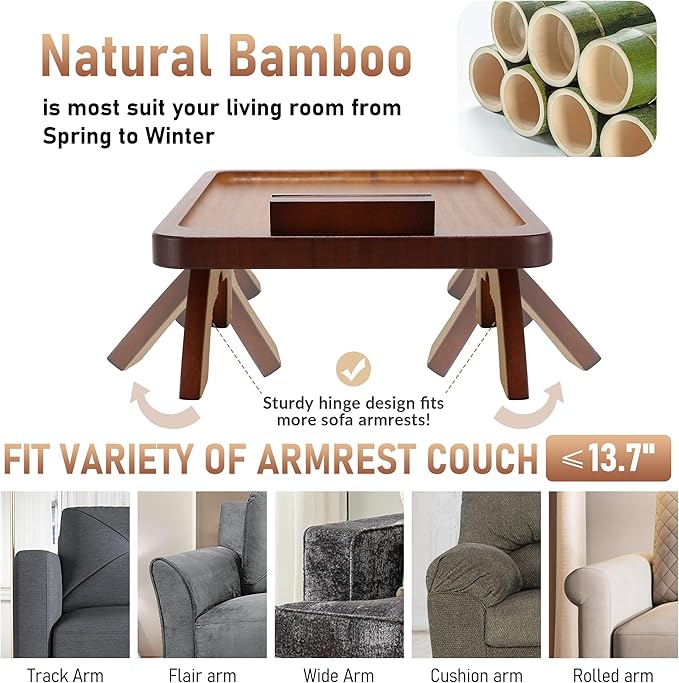 SINWANT Couch Arm Tray, Bamboo Couch Arm Table - Image 3