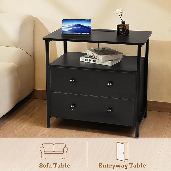 27 inch Wide Nightstand with Charging Station, Bedside Table with Open Shelf - Image 8