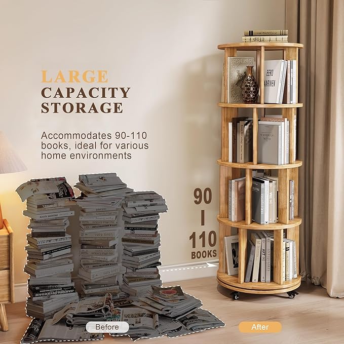 4-Tier Rotating Bookshelf, 360° Spinning Stackable Bookcase, Freestanding - Image 3