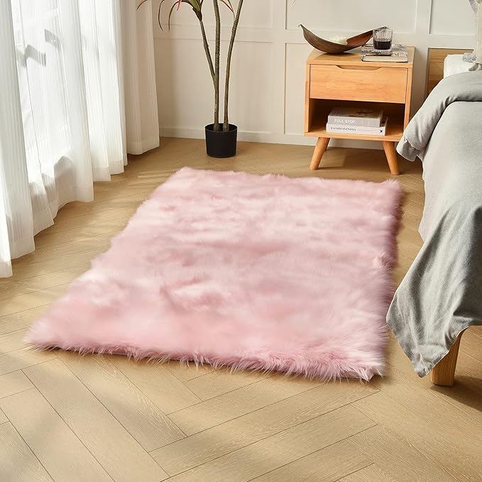 duduta Pink Faux Sheepskin Fur Rug 3x5 ft, Fluffy Shag Girls Bedroom Dorm by Duduta