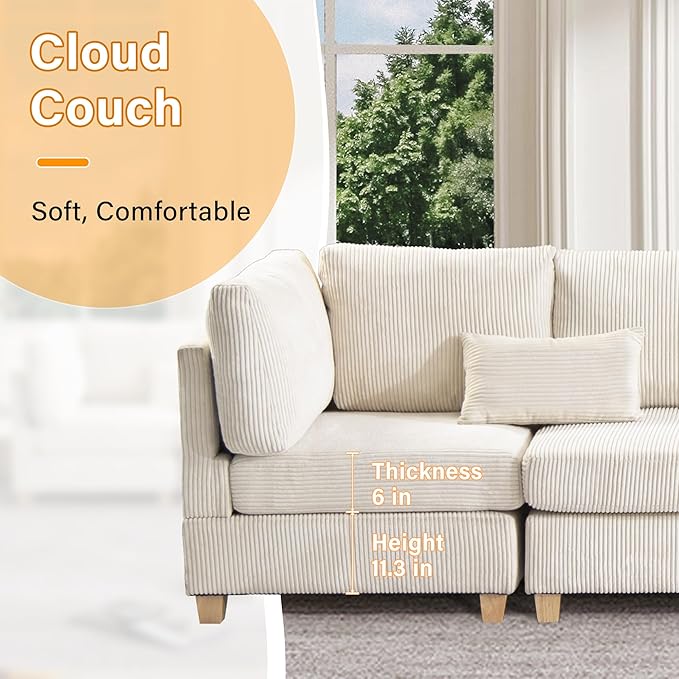 126" Convertible L-Shaped Modular Sectional Sofa, 4 Seater Corduroy Upholstered - Image 6