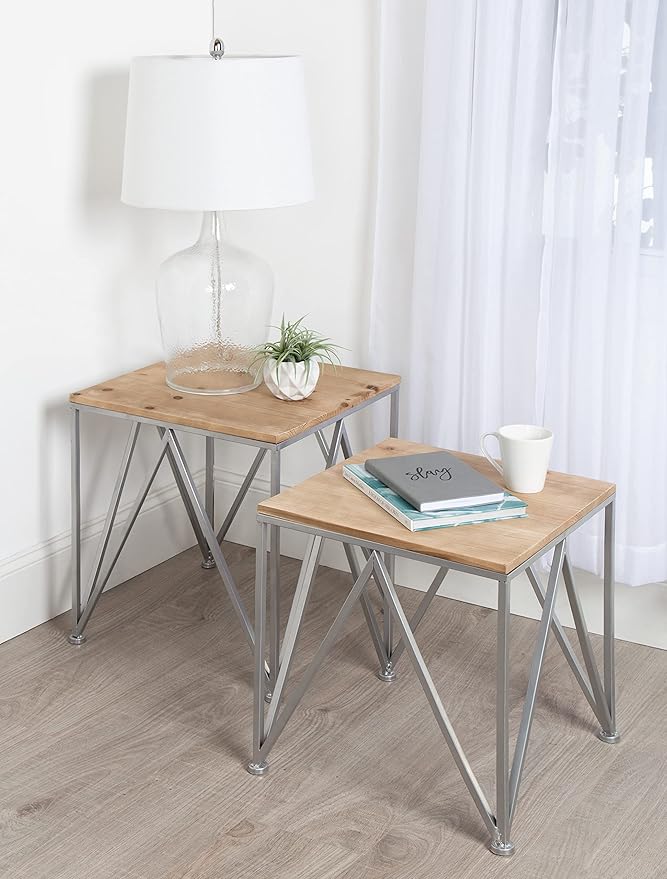 Kate and Laurel Uzma 2-Piece Modern Side Accent Tables Geometric Metal Silver - Image 2