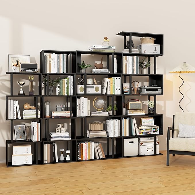Gadroad 5-Tier Bookshelf, Tall S-Shaped Geometric Bookcase, Wood and Metal - Image 9