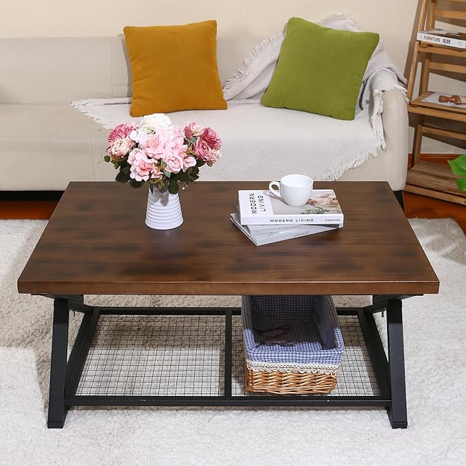 EASYSOUL Coffee Table with Storage Shelf, Solid Wood Top with Black Metal - Image 2