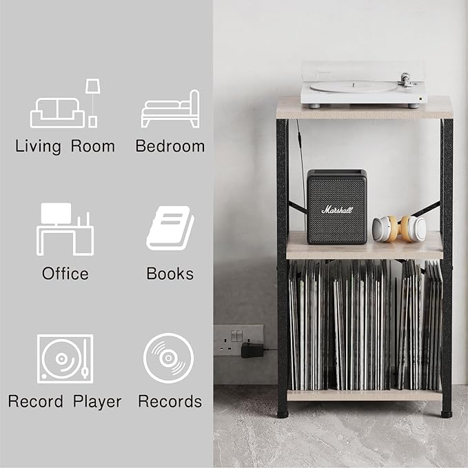 End Table with LED Light, Record Player Stand with Albums Storage, Vinyl - Image 7
