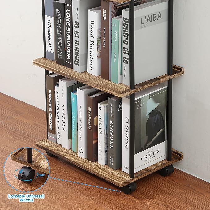 GETALL Tall Bookshelf with Wheels, 5 Tier Solid Wood Bookcase - Image 5
