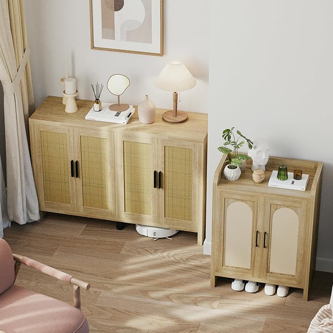 Rattan Buffet Cabinet with Storage, Sideboard with Doors, TV Stand, Farmhouse - Image 7
