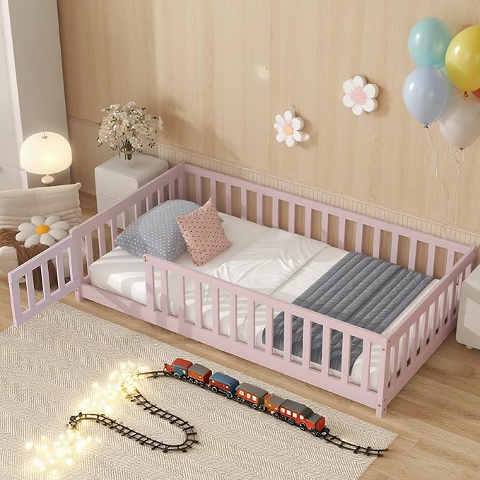 Twin Floor Bed Frame with Slats and Safety Guardrail, Wood Twin Size Montessori - Image 4