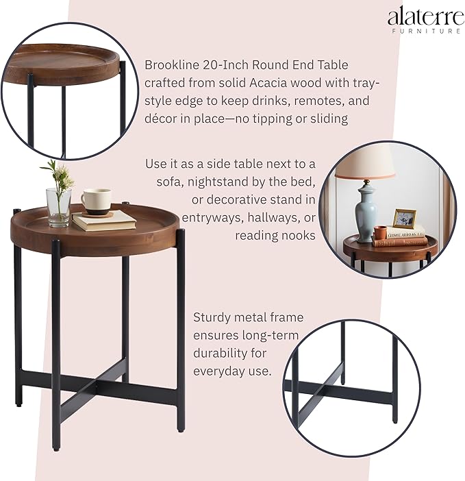 Alaterre Furniture Brookline 20" Round Wood End Table – Solid Top - Image 4
