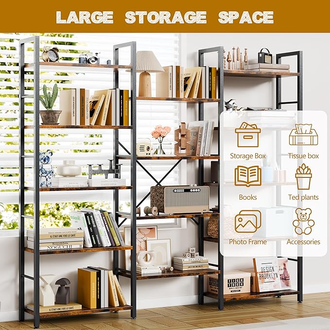 Shintenchi Triple 5 Tier Bookshelf, Industrial Large Bookcase - Image 3