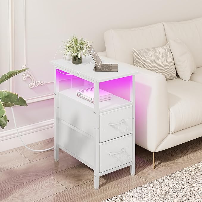 Vagusicc White Nightstand with Charging Station and LED Lights, Narrow Side - Image 2