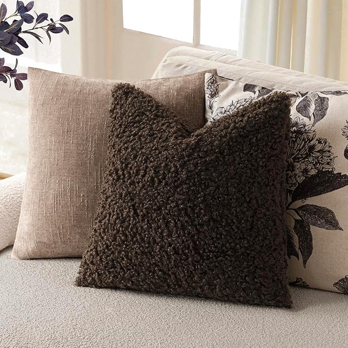 Foindtower 2 Pieces 24x24 Inch Dark Brown, Faux Fur Throw Pillow Cover Accent - Image 5
