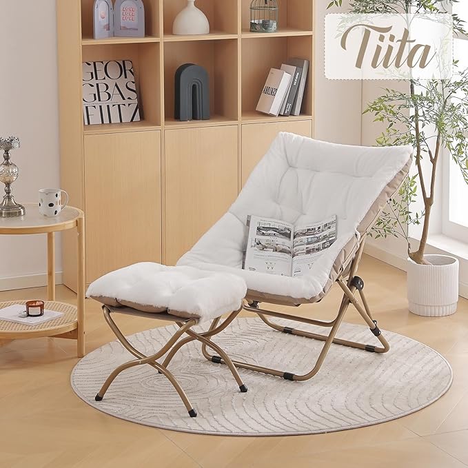 Tiita Folded Chair with Ottoman, Soft Faux Fur Oversized Folding Accent Chair - Image 6