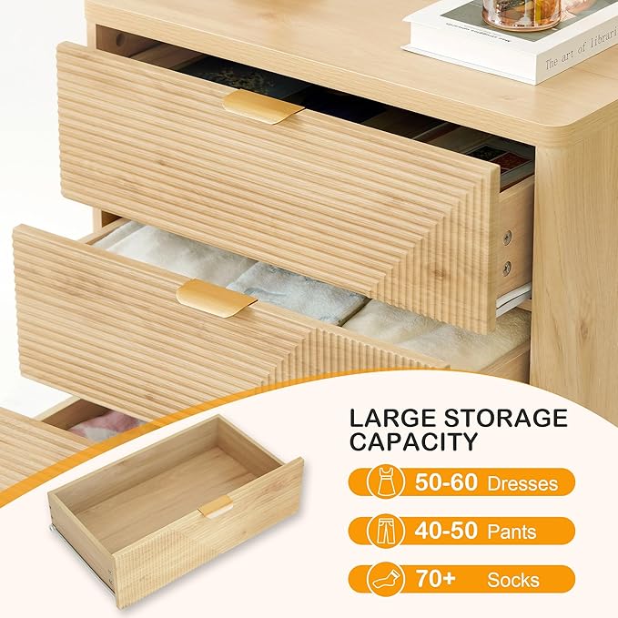 3 Drawer Fluted Nightstand for Bedroom, Modern Wood Chest of Drawers - Image 3