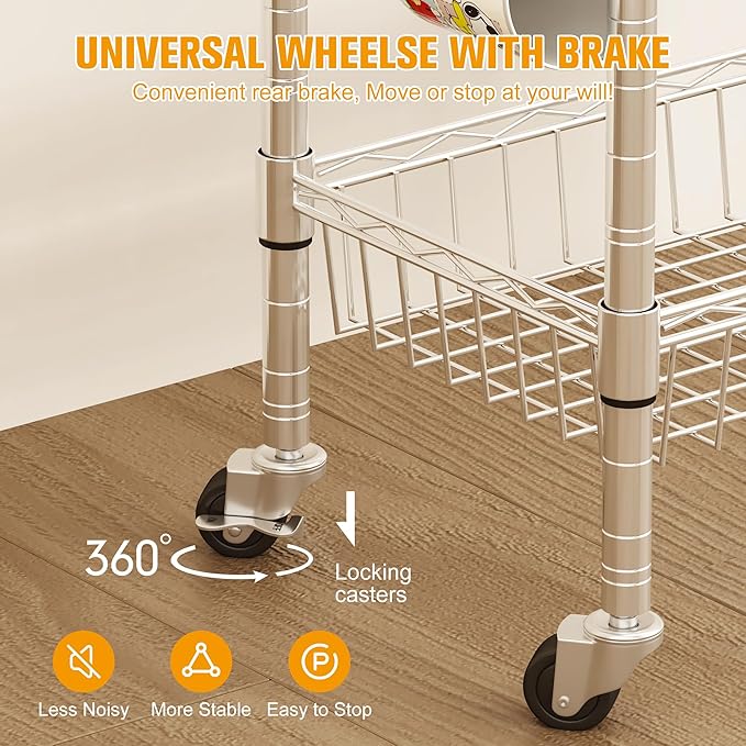 Rolling Kitchen Storage Cart, 3-Tier Storage Rack on Caster Wheels - Image 7