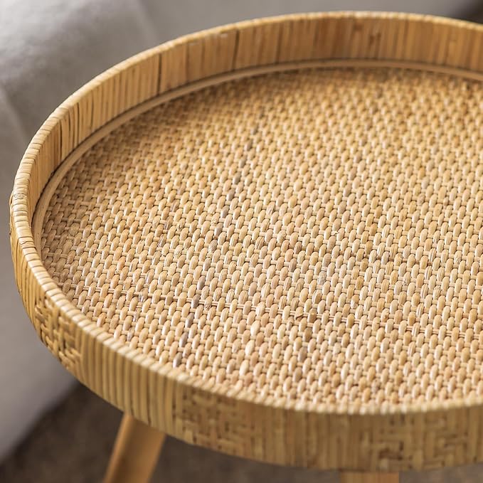 Round Rattan Side Table for Small Spaces, Boho Circle End Table Coffee Table - Image 8